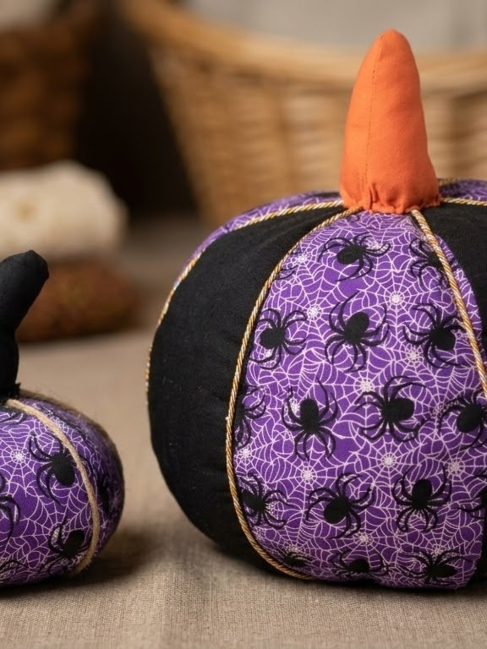 Handmade Spiderweb Plush Pumpkins (Set of 2) — Halloween Decor
